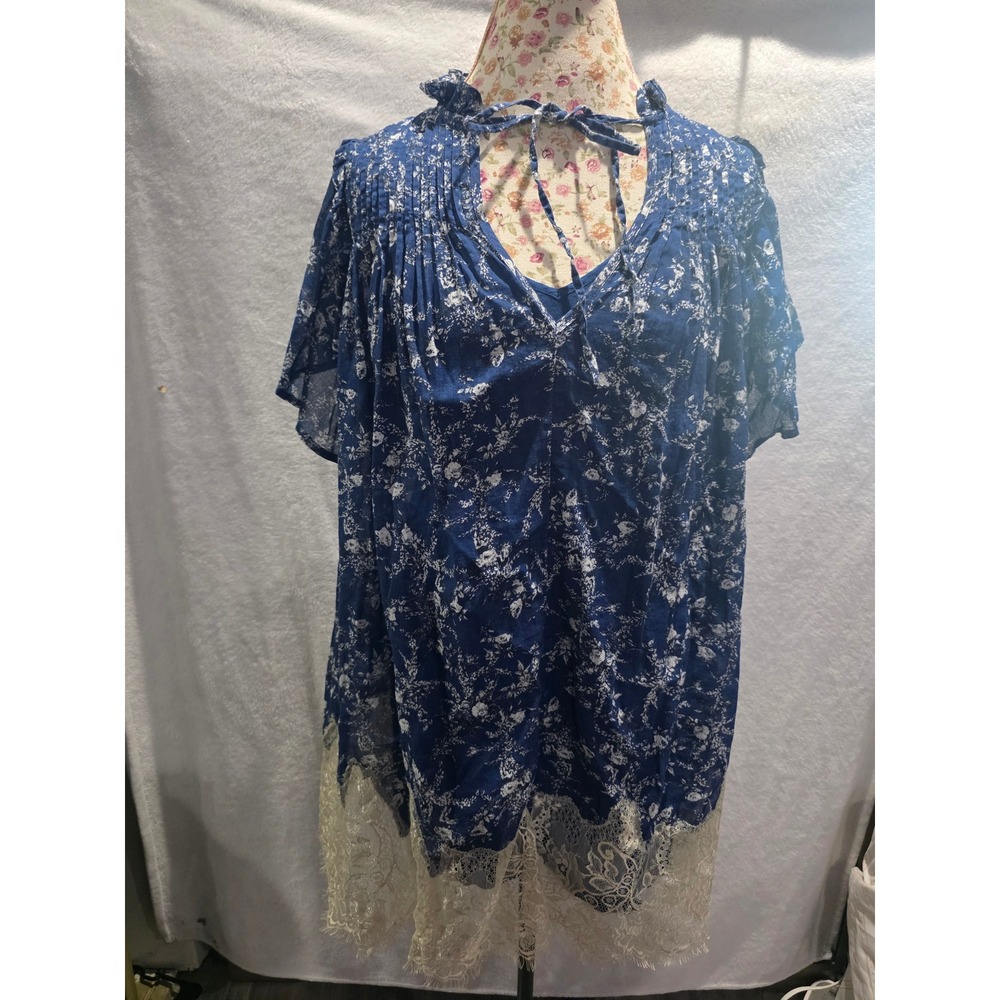 Free People Marigold Blue Floral Lace Trim Mini Boho Tunic Romantic Fairycore XS - Picture 3 of 10